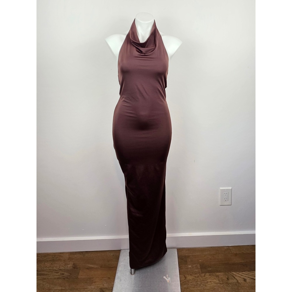 Oh Polly Brown Halter Cowl Neck Backless Maxi Dress US 4 UK 8 NWT Side Slit